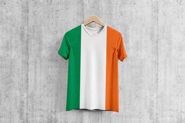 Ireland flag T-shirt on hanger, Irish team uniform design idea for garment production. National wear.