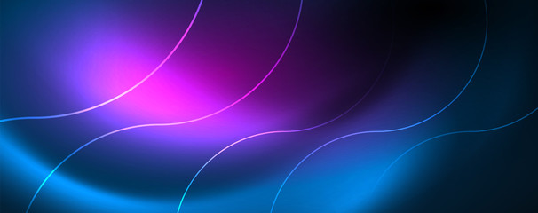Trendy neon blue abstract design with waves and circles. Neon light glowing effect. Abstract digital background.