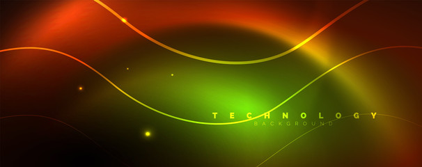 Bright neon circles and wave lines, glowing shiny background design template, digital techno concept.