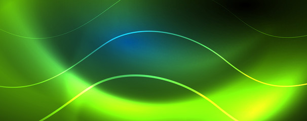 Trendy neon blue abstract design with waves and circles. Neon light glowing effect. Abstract digital background.