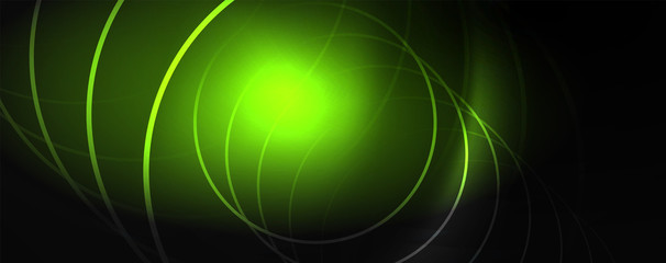 Dark abstract background with bright color neon lights and lines. Glowing background