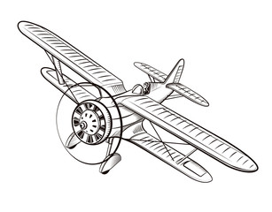 Old airplane, biplane, illustration in vintage style, Hand drawn retro plane