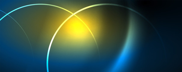 Trendy neon blue abstract design with waves and circles. Neon light glowing effect. Abstract digital background.