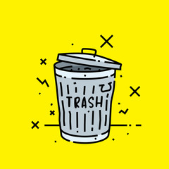 Old trash can line icon. Steel garbage rubbish bin graphic isolated on yellow background. Vector illustration.