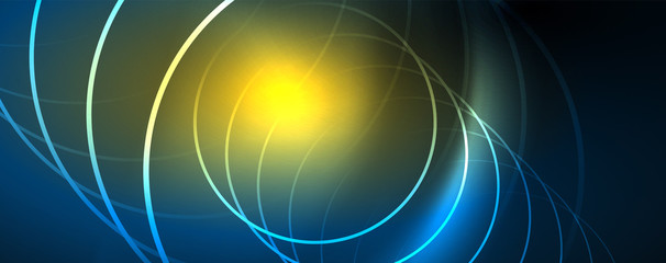 Trendy neon blue abstract design with waves and circles. Neon light glowing effect. Abstract digital background.