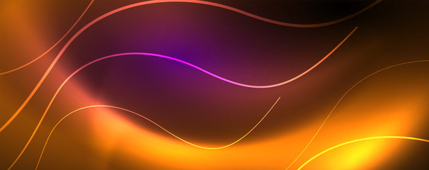 Shiny neon lights, dark abstract background with blurred magic neon light curved lines