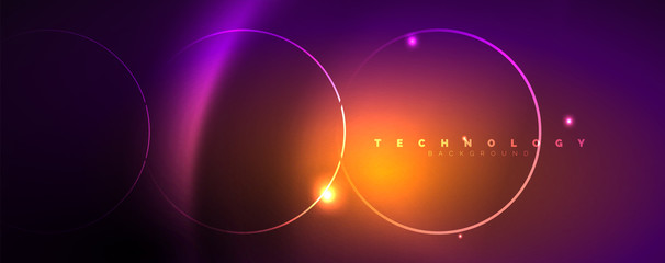 Shiny neon lights, dark abstract background with blurred magic neon light curved lines