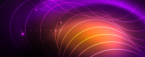 Shiny neon lights, dark abstract background with blurred magic neon light curved lines