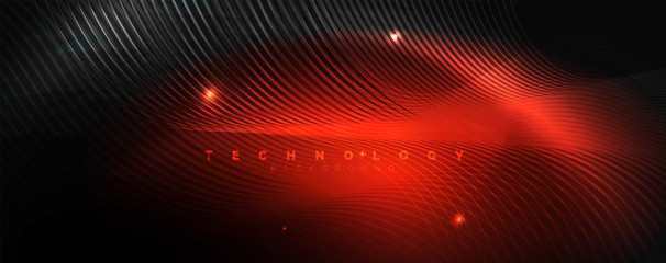 Dark abstract background with bright color neon lights and lines. Glowing background