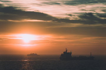 Obraz premium Puttgarden fehmarn sunset waterway ship