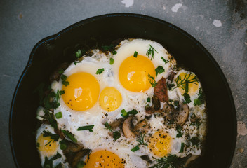 Delicious homemade fried eggs with sausage and mushrooms in a frying skillet top view space for text 