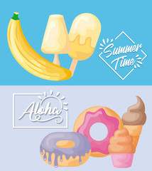 summer poster with banana fruit and icons