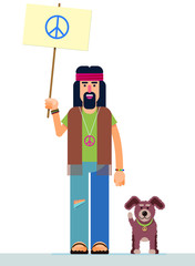 illustration of a smiling hippie with the peace symbol