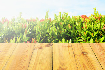 Blur Old Wooden table with blue sky white cloud background. with flower