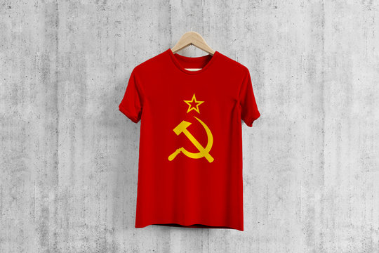 Soviet Union flag T-shirt on hanger, team uniform design idea for garment production. National wear.