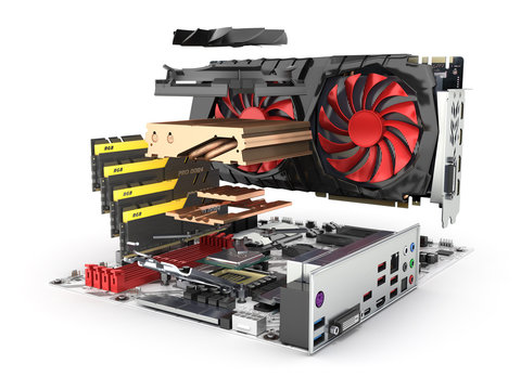 Motherboard complete with RAM and video card in disassembled form isolated on white background 3d render