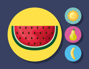 set of watermelon with sun and fruits