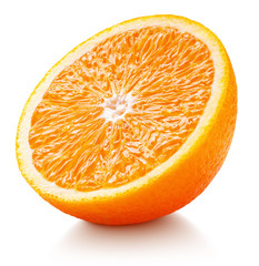 Ripe orange half isolated on white background. Orange citrus fruit with clipping path. Full depth of field.