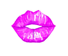 Pink watercolor lips on white background. Hand made illustration