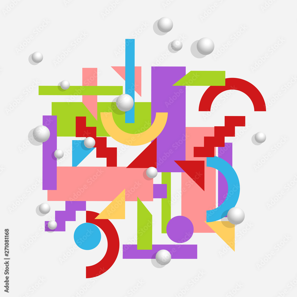Sticker geometric background in cubism style with 3d style balls