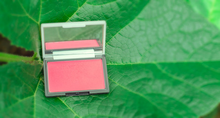 Organic cosmetic, selective focus of makeup cheek blush on green leaf. 