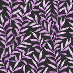 Watercolor floral seamless pattern. Hand drawing purple branches with leaves. Design for fabrics, wallpapers, textiles, web design.