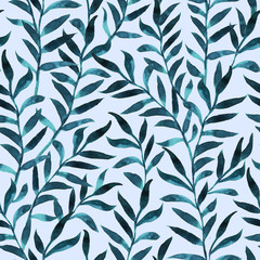 Watercolor floral seamless pattern. Hand drawing blue branches with leaves. Design for fabrics, wallpapers, textiles, web design.
