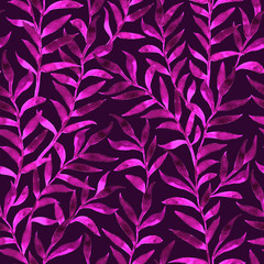 Watercolor floral seamless pattern. Hand drawing purple branches with leaves. Design for fabrics, wallpapers, textiles, web design.