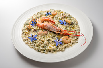 Risotto dish with borage shrimp and seafood