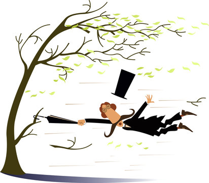 Strong wind, umbrella and man snatches up a tree illustration. Strong wind, flying leaves and long mustache man lost top hat trying to keep his life snatching a tree using an umbrella isolated on whit