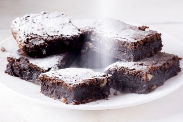 Delicious chocolate cake on a white plate, dusted with icing sugar. Homemade baking. Traditional American Pie.