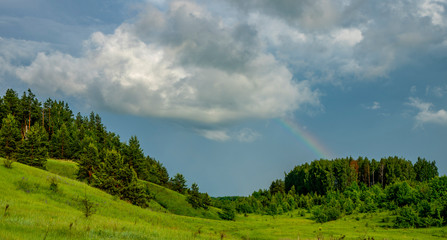 Fototapeta na wymiar Rainbow over the forest coming down from a big cloud
