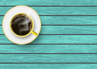 Realistic yellow and white coffee cup with saucer on blue vintage wooden table vector illustration, top view