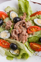 Fresh salad with iceberg lettuce,tomatoes,eggs,canned tuna and olives