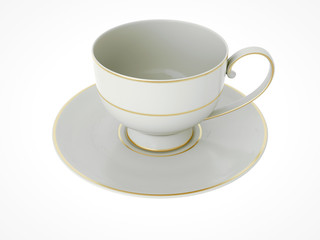 Isolated antique porcelain cup with gold on white background. 3D Illustration