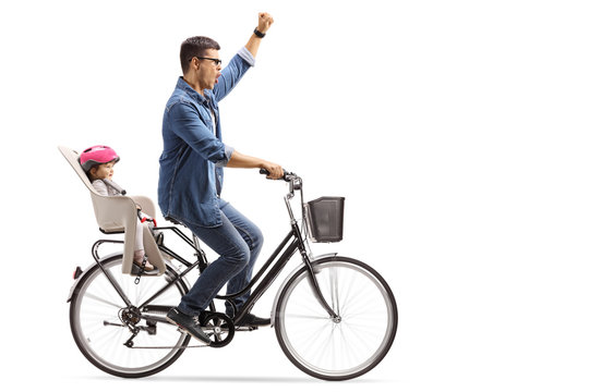 Happy Father Riding A Baby In A Bicycle Child's Seat