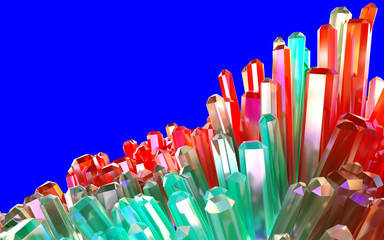 Clear colorful crystal cluster isolated on blue background. 3D Illustration