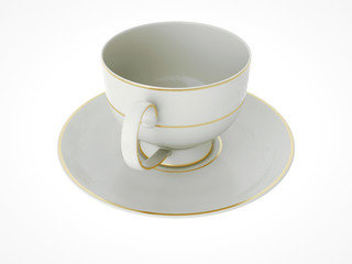 Isolated antique porcelain cup with gold on white background. 3D Illustration