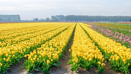 Fototapeta na wymiar Blue sky and tulip field landscape, traditional dutch, Netherlands, Europe