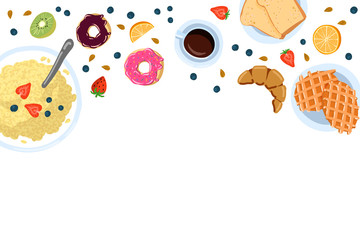 Fototapeta na wymiar Still life with breakfast in a flat doodle style top view And with place for text vector illustration