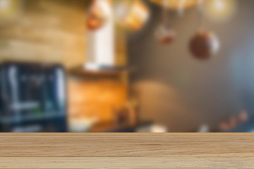 Vintage wooden tabletop on blurred kitchen background, for display or montage your products