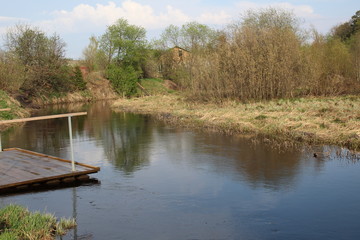 wooden raft on the river for rinsing clothes