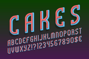 Obraz premium Cakes layered letters with numbers and currency signs. Red blue 3d font. Isolated english alphabet.