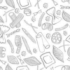 seamless pattern with italian macaroni of different kinds. light coloured hand draw on white background