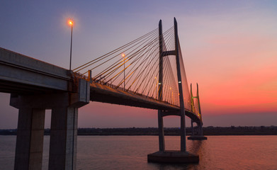 Neak Loeung bridge at PhnomPenh - Cambodia on sunset , this is a longest bridge at Cambodia