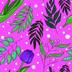 Seamless vector pattern with flower, tulip and leaves on pink background. Wallpaper and textile design. Good for printing. Wrapping paper pattern.
