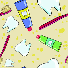 Seamless pattern with toothpaste, toothbrush and tooth on beige background. Good for printing. Wallpaper and fabric design.