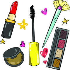 Vector set with lipstick, blush, powder, mascara, brush and eyeshadow on white background. Good for printing. Cartoon illustration with stars and hearts. Logo and postcard elements.