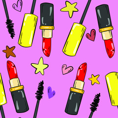 Seamless vector pattern with lipstick and mascara on pink background. Good for printing. Wallpaper and fabric design. Wrapping paper pattern.