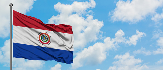 Paraguay flag waving in the wind against white cloudy blue sky. Diplomacy concept, international relations.